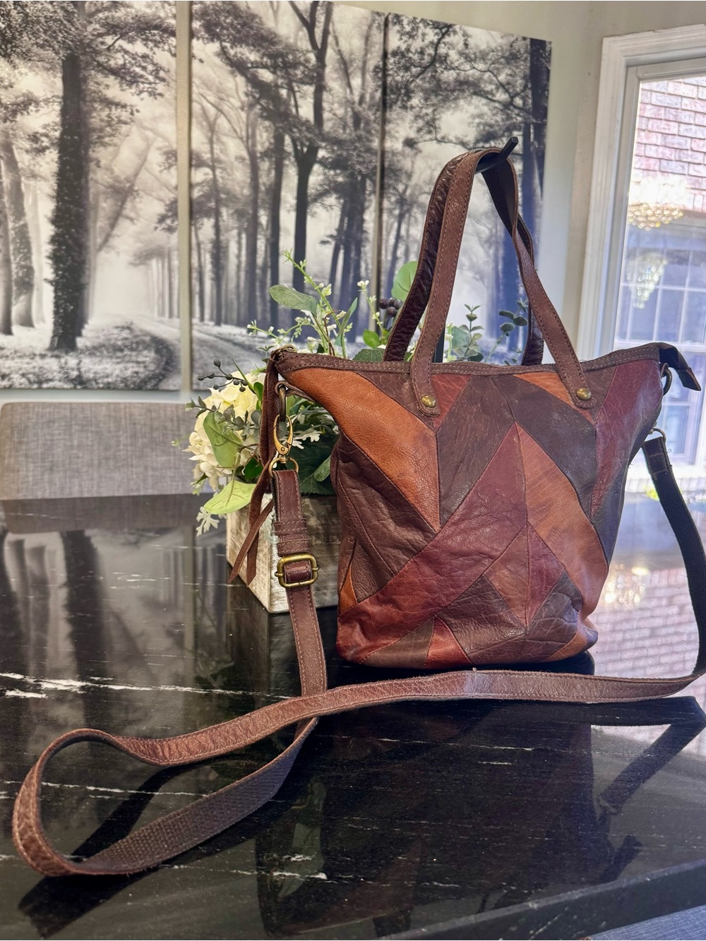 🤎Lucky Brand Leather Patchwork Convertible Tote Crossbody Bag Brown - Picture 2 of 11